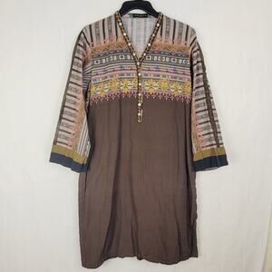 Limelight Brown Embroidered Split Hem Tunic Top Medium Lagenlook Boho Forest